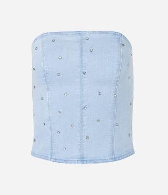 Top Corset Tomara Que Caia em Jeans com Bolinhas de Strass