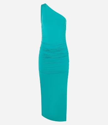 Vestido Midi em Poliamida com Um Ombro Só e Franzidinho