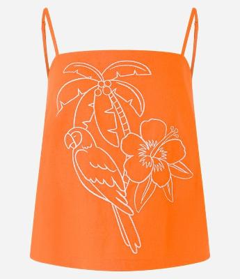 Blusa de Alça em Viscose com Linho e Bordado Tropical