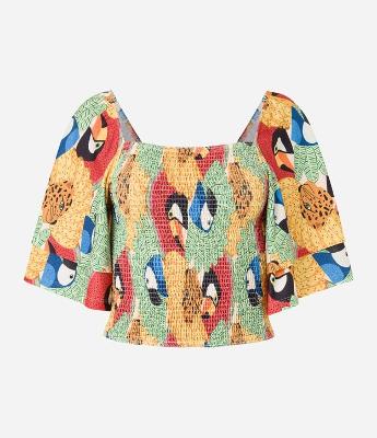 Blusa Cropped Texturizada com Lastex e Estampa Tucanos