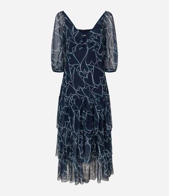 Vestido Midi em Tule com Babados na Saia e Estampa de Corações