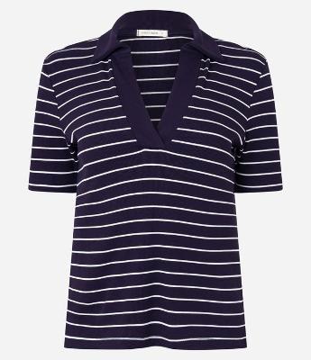 Blusa em Ribana com Gola Polo e Listras em Fio Tinto