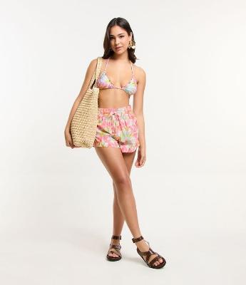 Saída de Praia Short em Chiffon com Amarração e Elástico no Cós