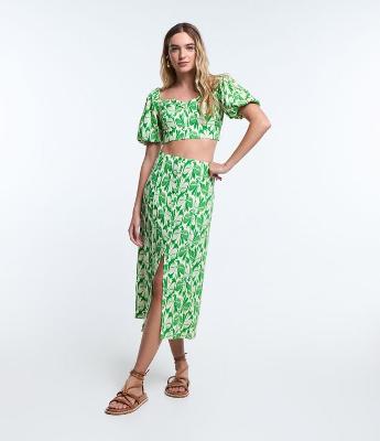 Saia New Midi em Viscose e Linho com Estampa Ararinhas