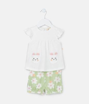 Conjunto Infantil com Bolsinhos e Estampa Floral - Tam 0 a 18 meses