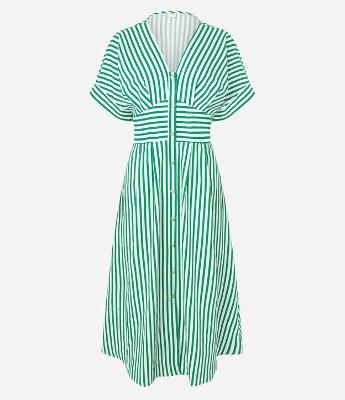 Vestido Midi Evasê em Tricoline com Pala na Cintura e Botões Dourados