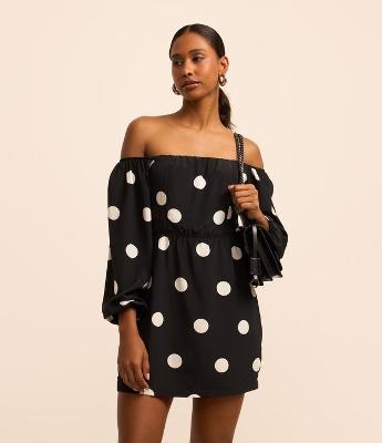 Vestido Curto Ombro a Ombro em Crepe com Poás Estampados
