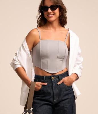 Blusa Corset em Alfaiataria com Recortes e Barra Arredondada