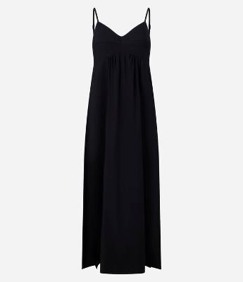 Vestido Evasê Longo em Crepe com Recorte no Busto