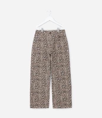 Calça Wide Leg Infantil com Estampa Oncinha - Tam 5 a 14 Anos