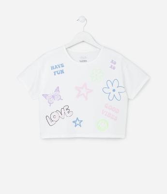 Camiseta Cropped Infantil com Estampa Doodles - Tam 5 a 14 Anos