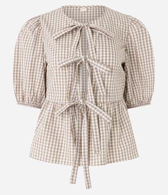 Blusa em Tricoline Xadrez Vichy com Manga Bufante