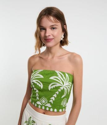 Blusa Cropped Sem Alça em Tricoline com Estampa Coqueiros