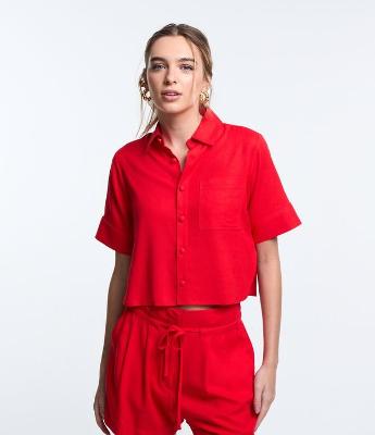 Camisa Curta em Viscose e Linho com Bolso