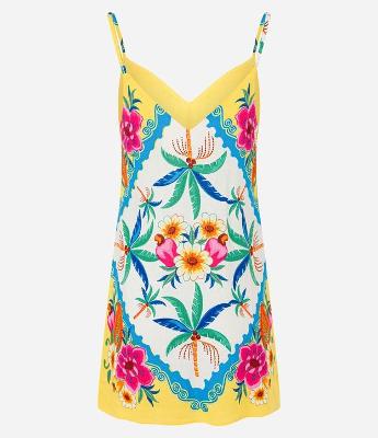 Vestido Curto em Viscose e Linho com Estampa Tropical