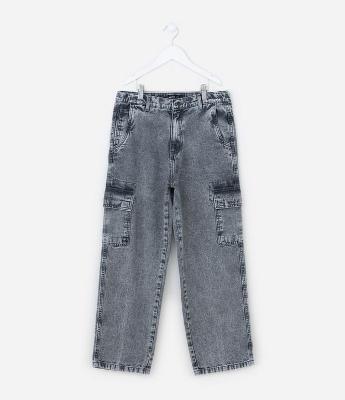 Calça Baggy Infantil em Jeans com Bolsos Cargo - Tam 5 a 14 Anos