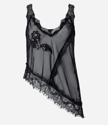 Blusa em Tule com Alça com Flor de Paetês e Rendas