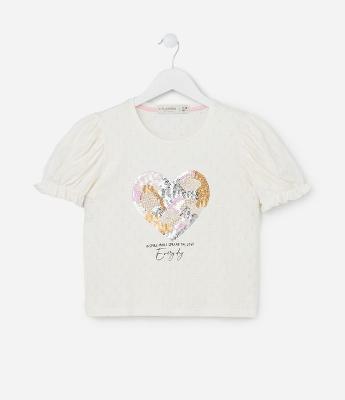 Blusa Infantil com Manga Bufante e Bordado em Paetês - Tam 5 a 14 Anos