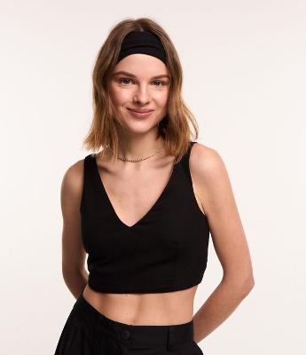 Blusa sem Manga Cropped em Viscose e Linho Dupla Face e Amarração