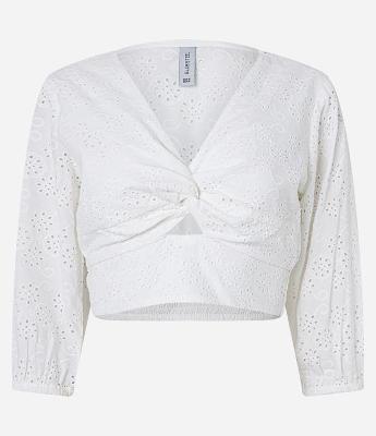 Blusa Cropped em Laise com Torcido no Busto e Manga Bufante