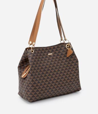 Bolsa Hobo Pequena com Fechamento Duplo e Estampa de Triângulo