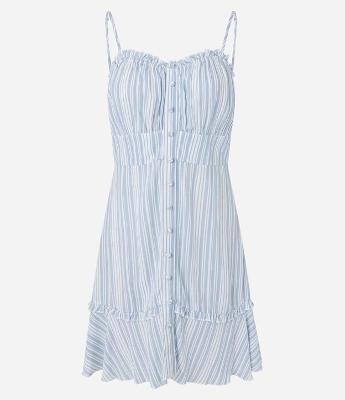 Vestido Curto Listrado em Viscose com Babados