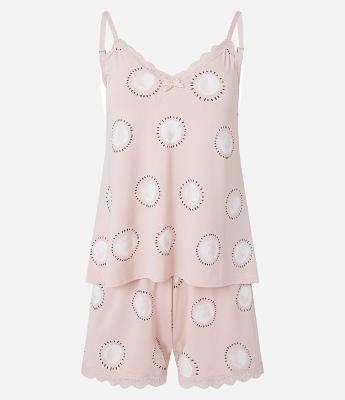 Pijama Short Doll com Detalhes em Renda e Estampa Circulos