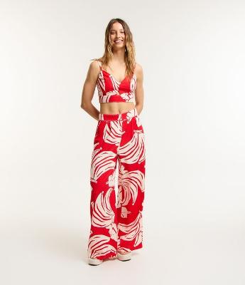 Calça Pantalona em Viscose e Linho com Estampa de Bananas