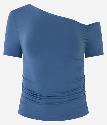 Blusa com Decote Assimétrico e Drapeado no Ombro