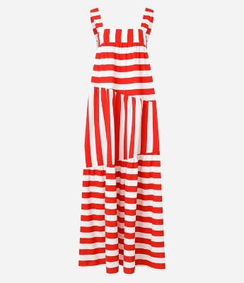 Vestido Evasê em Viscolinho Listrado com Decote Quadrado