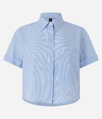 Camisa Cropped em Tricoline com Listras em Fio Tinto
