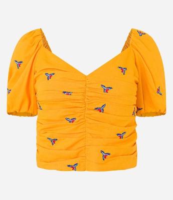 Blusa Cropped em Viscolinho com Manga Bufante e Bordado de Araras