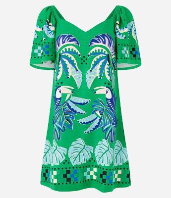 Vestido Curto em Viscolinho com Manga Ampla e Estampa de Tucanos