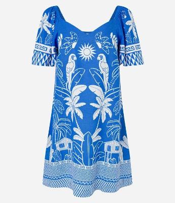 Vestido Curto em Viscolinho com Decote V e Estampa  Tropical