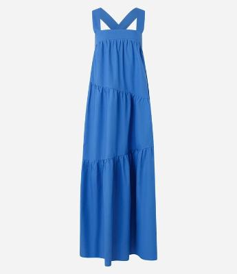 Vestido Evasê Midi em Tricoline com Babados Sobrepostos