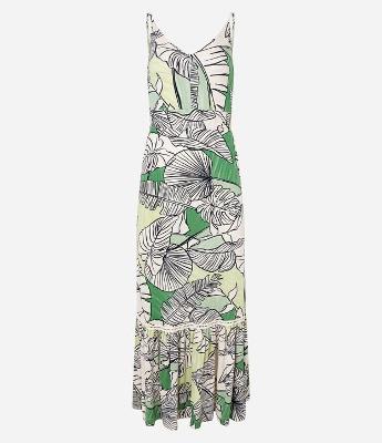 Vestido Evasê Long Midi em Viscose com Folhagens Estampadas