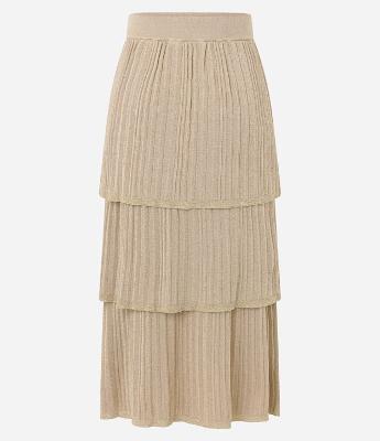 Saia Reta Midi em Viscose com Fio Metalizado e Sobreposições