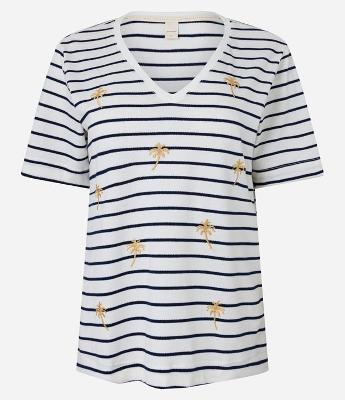 Blusa em Viscose Listada com Coqueiros Bordados