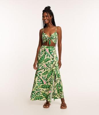 Saia New Midi em Viscose com Botões e Folhagens Estampadas
