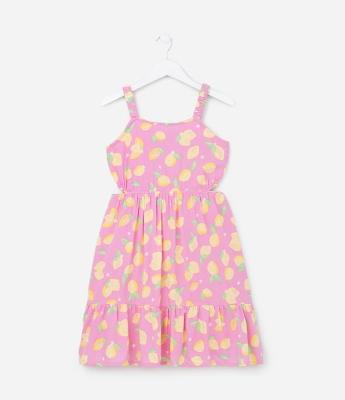 Vestido Infantil com Recortes e Estampa Limões - Tam 5 a 14 Anos