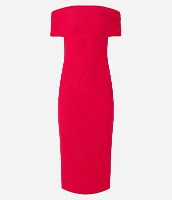 Vestido Midi Ombro a Ombro com Franzido Lateral e Decote Reto