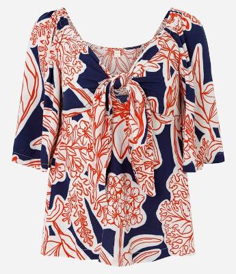 Blusa em Viscolinho com Nó de Decote e Folhagens Estampadas