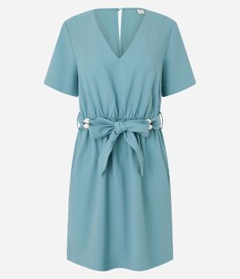 Vestido Curto em Viscose com Cinto Tecido com Miçangas