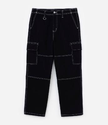 Calça Baggy em Sarja com Pespontos Contrastantes