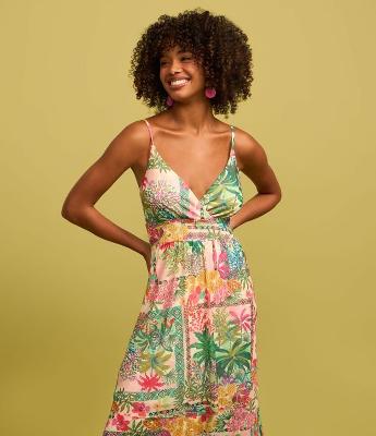 Vestido New Midi em Tule com Estampa Topical e Babados