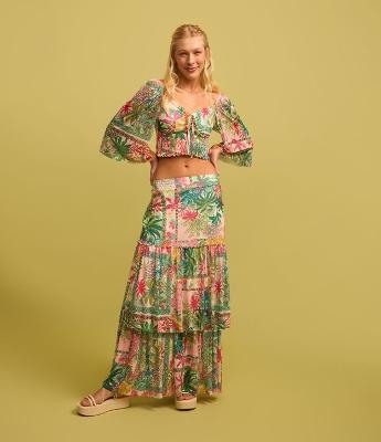 Saia New Midi em Tule com Babados e Estampa Jardim Tropical