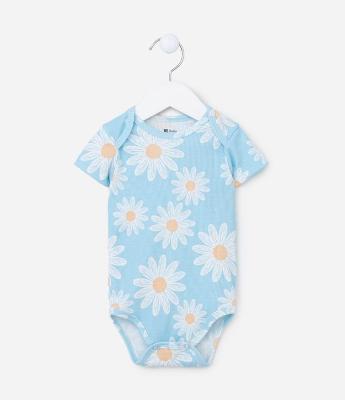 Body Infantil Canelado com Estampa Margaridas - Tam RN a 18 meses