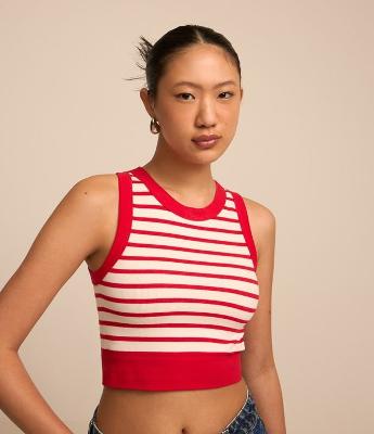 Blusa Sem Manga em Poliamida Canelada com Listras