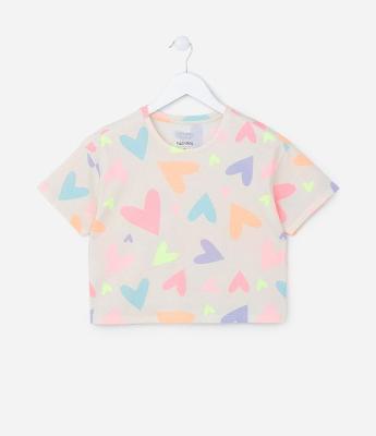 Camiseta Curta Infantil com Estampa Corações - Tam 5 a 14 Anos