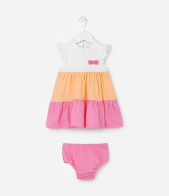 Vestido Infantil com Laço e Bloco de Cores - Tam 0 a 18 meses